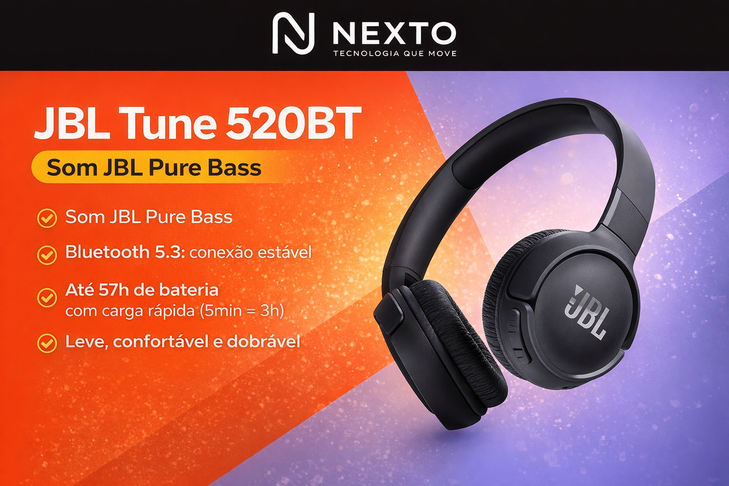 Fone Bluetooth JBL Tune 520BT Original – Som Pure Bass e Bateria de Longa Duração