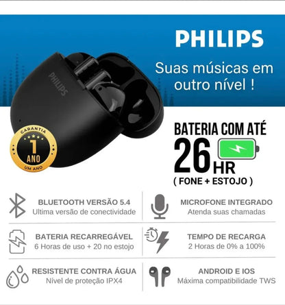 Fone Philips TAT1139 preto, Bluetooth, TWS, 26h Bateria, IPX4