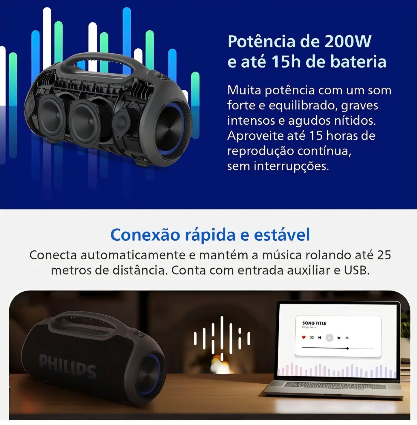 Caixa de Som Philips TAX400 Boombox 200W, IP66, 15h Bateria, TWS, Bluetooth e Powerbank