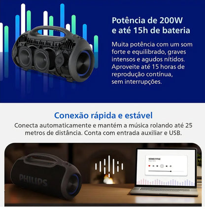 Caixa de Som Philips TAX400 Boombox 200W, IP66, 15h Bateria, TWS, Bluetooth e Powerbank